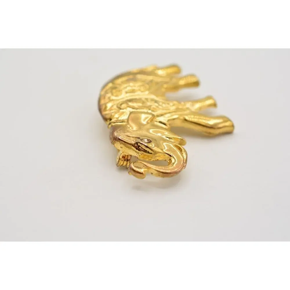 Vintage Elephant Pin Brooch Gold Rhinestone Antiqued Gold Tone Chunky 1980s 9B